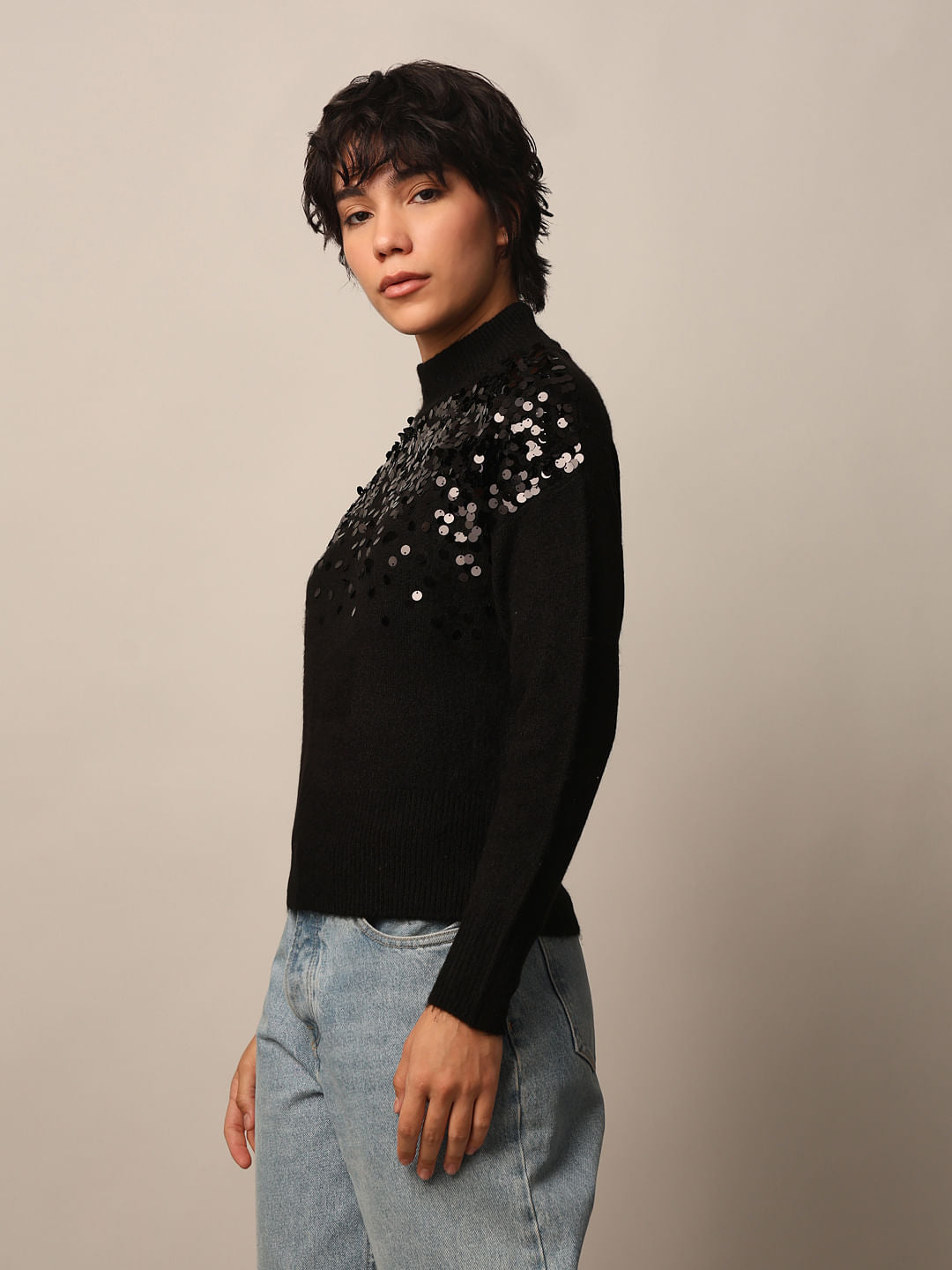 Black Sequined High Neck Pullover