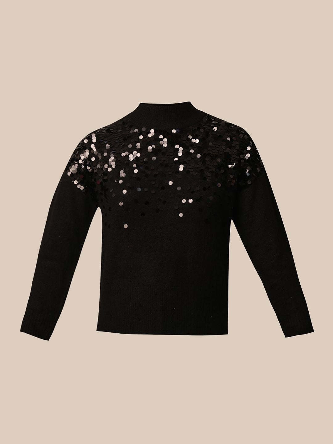 Black Sequined High Neck Pullover
