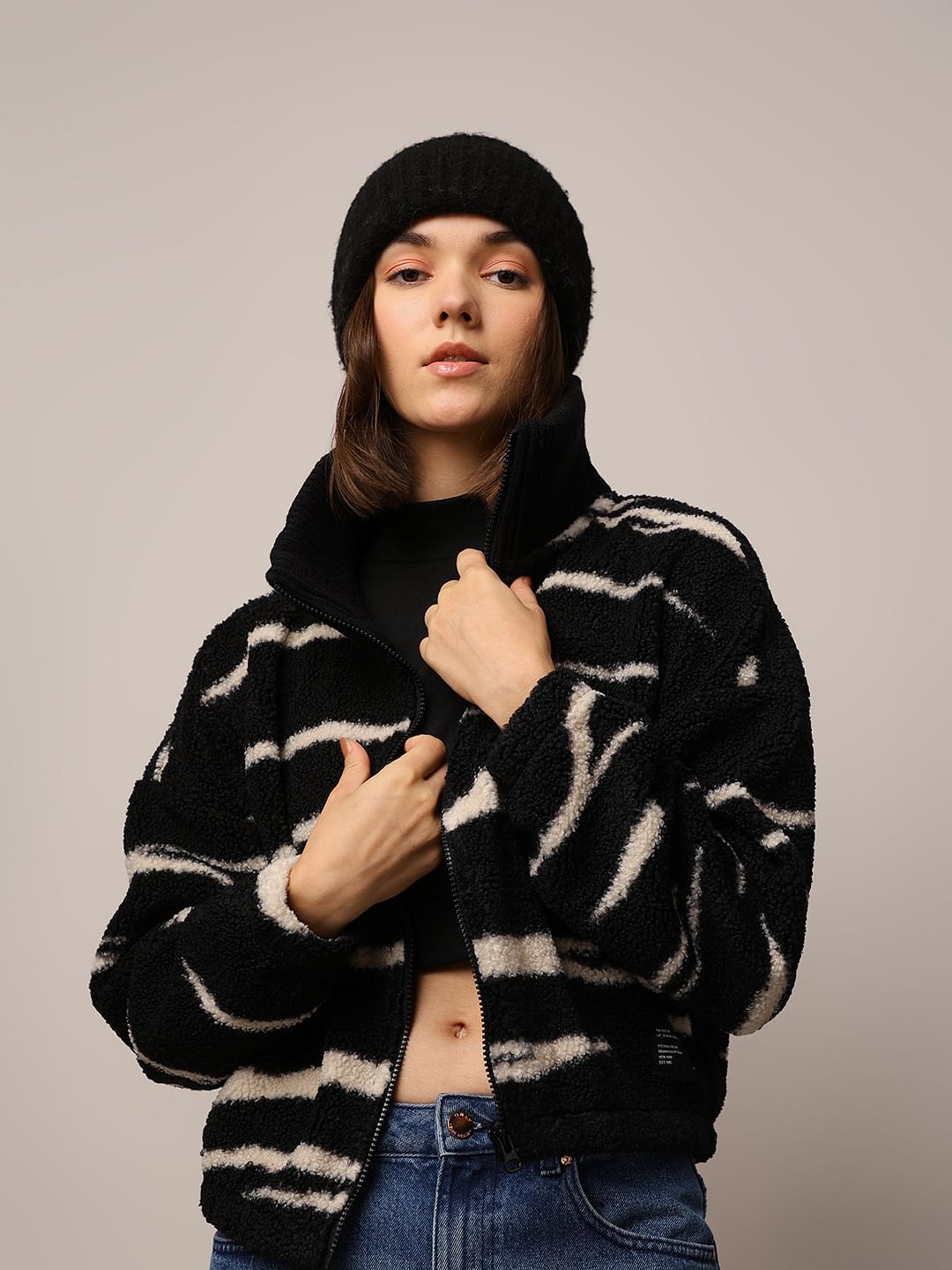 Black Printed Teddy Jacket