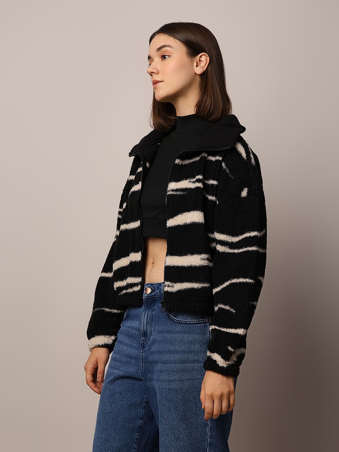 Black Printed Teddy Jacket