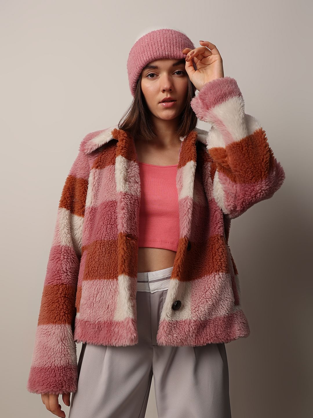 Pink Check Teddy Jacket