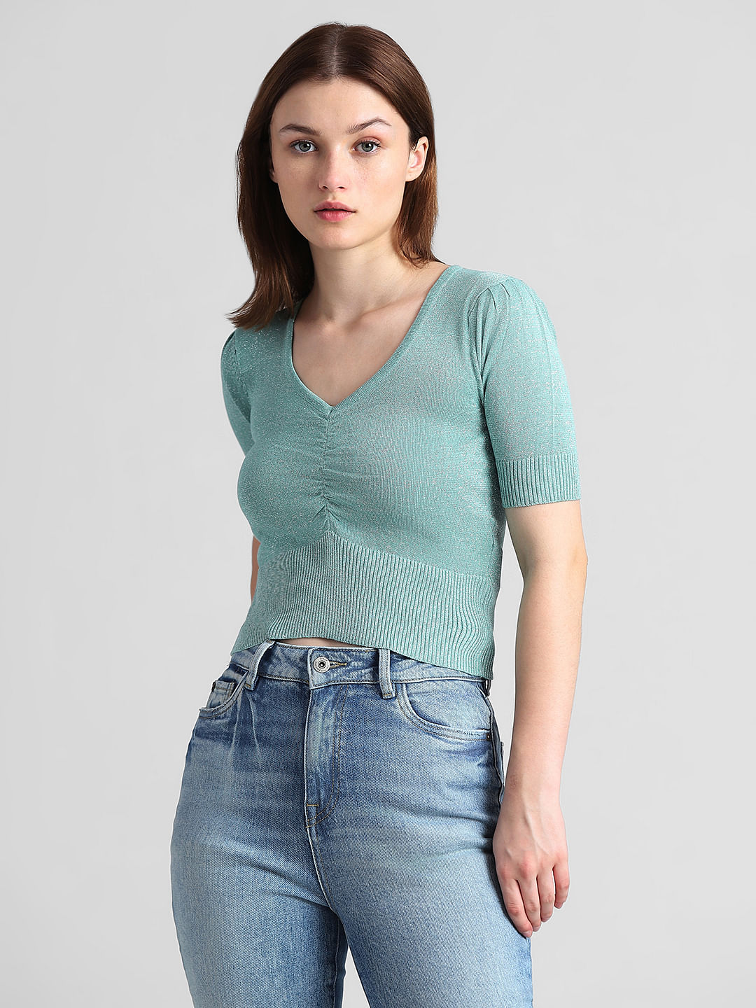 Green Rib-Knit Fitted Top