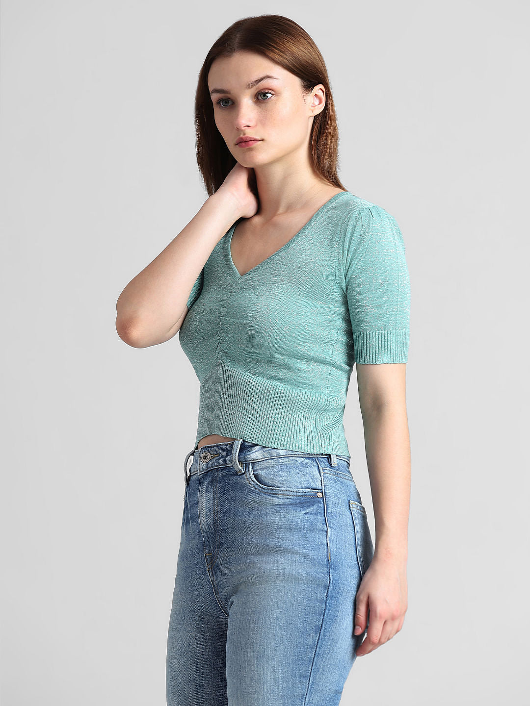 Green Rib-Knit Fitted Top