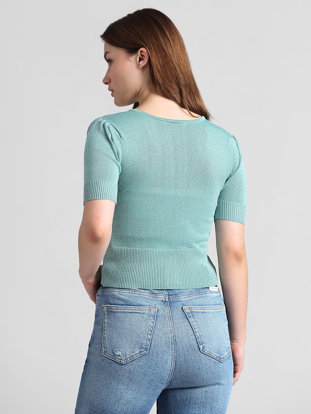 Green Rib-Knit Fitted Top