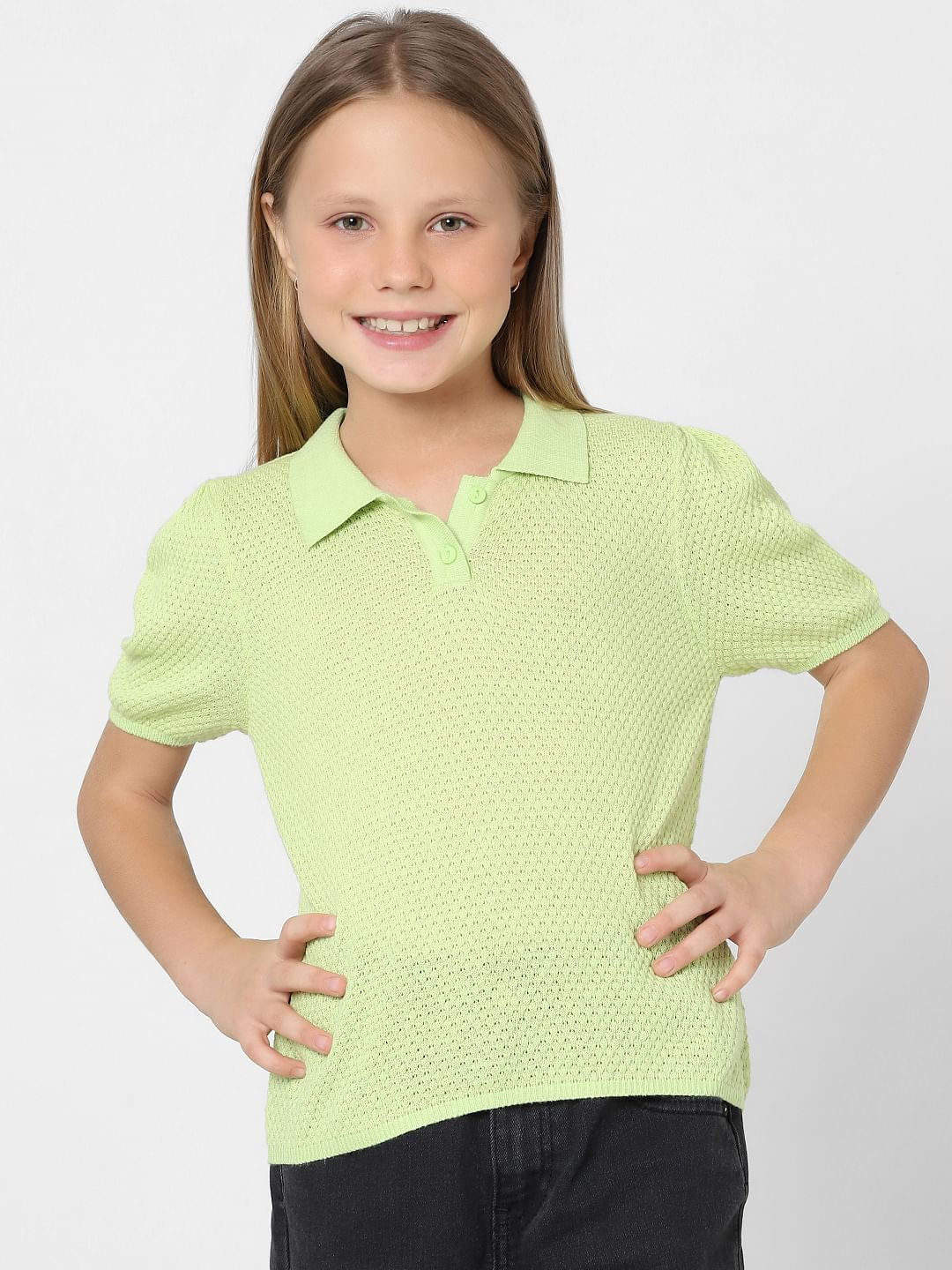 Girls Green Knit Polo T-Shirt