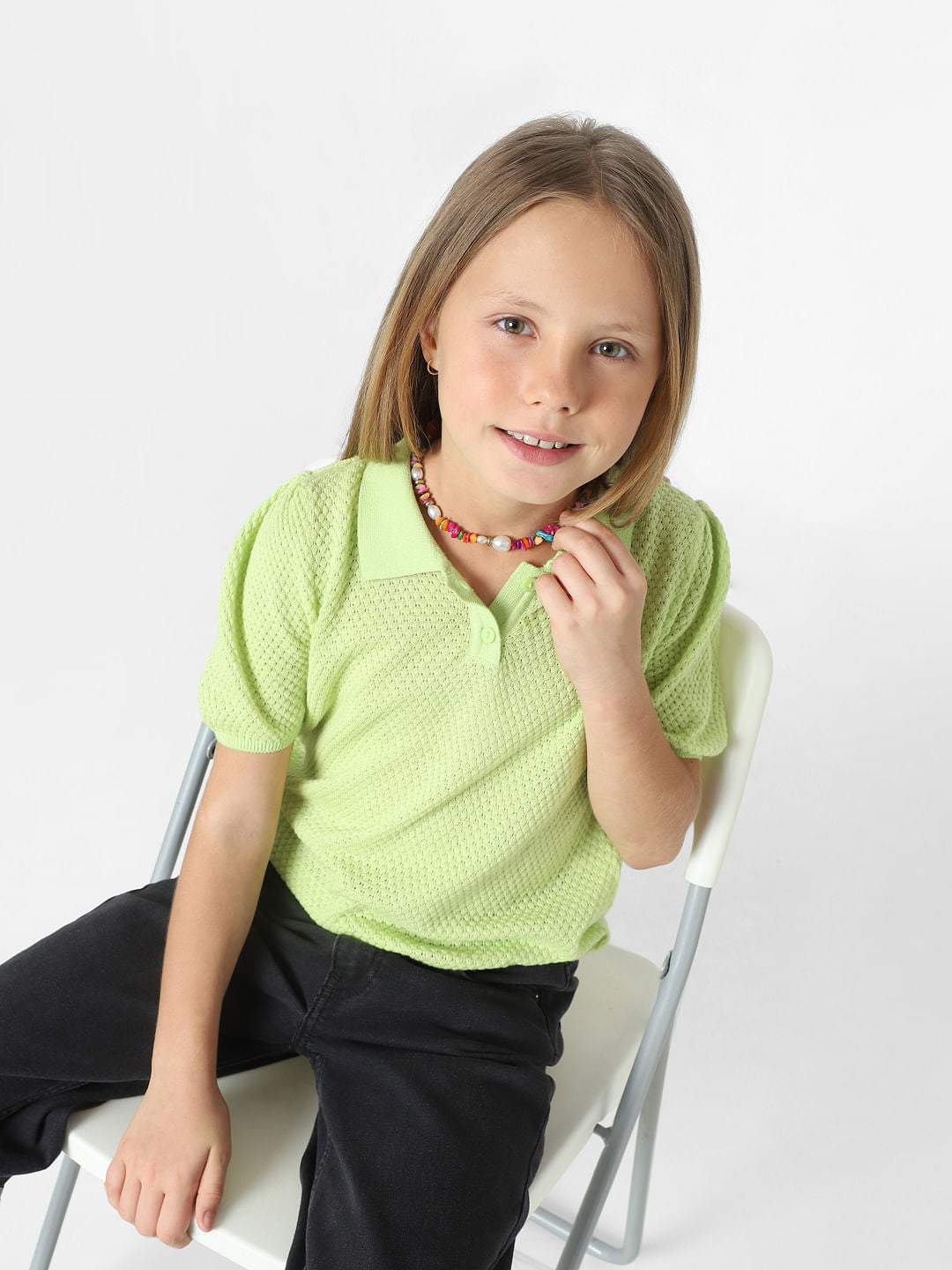 Girls Green Knit Polo T-Shirt
