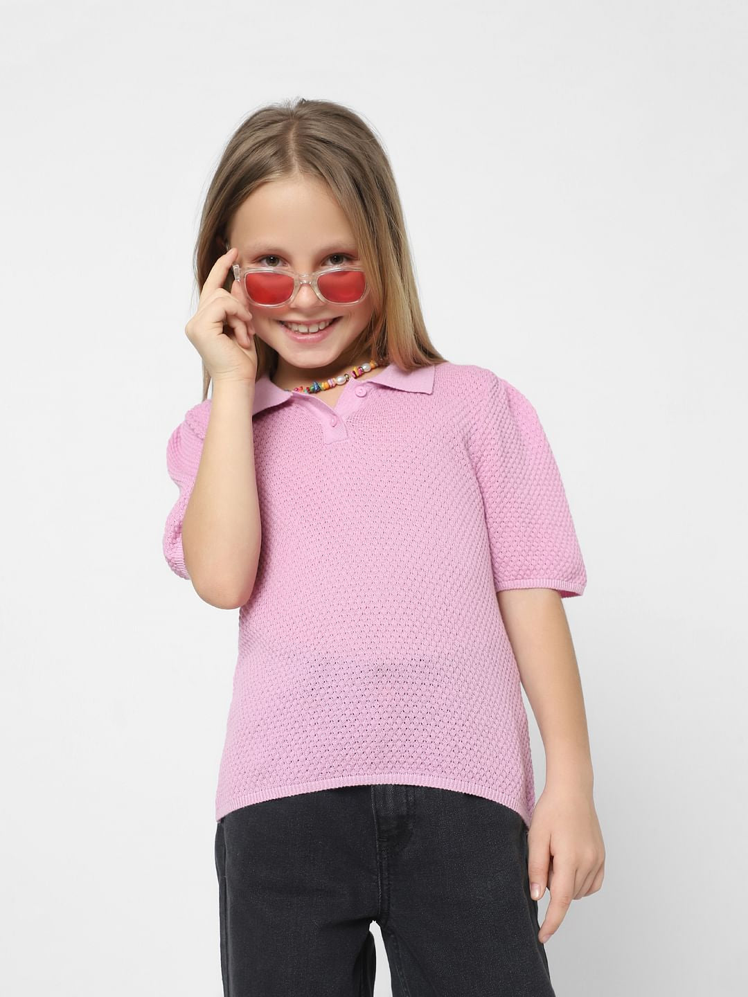 Girls Purple Knit Polo T-Shirt