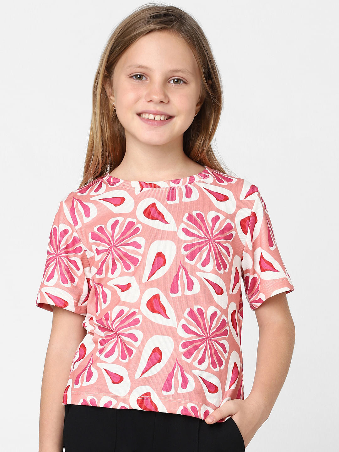 Girls Pink Floral Print T-Shirt