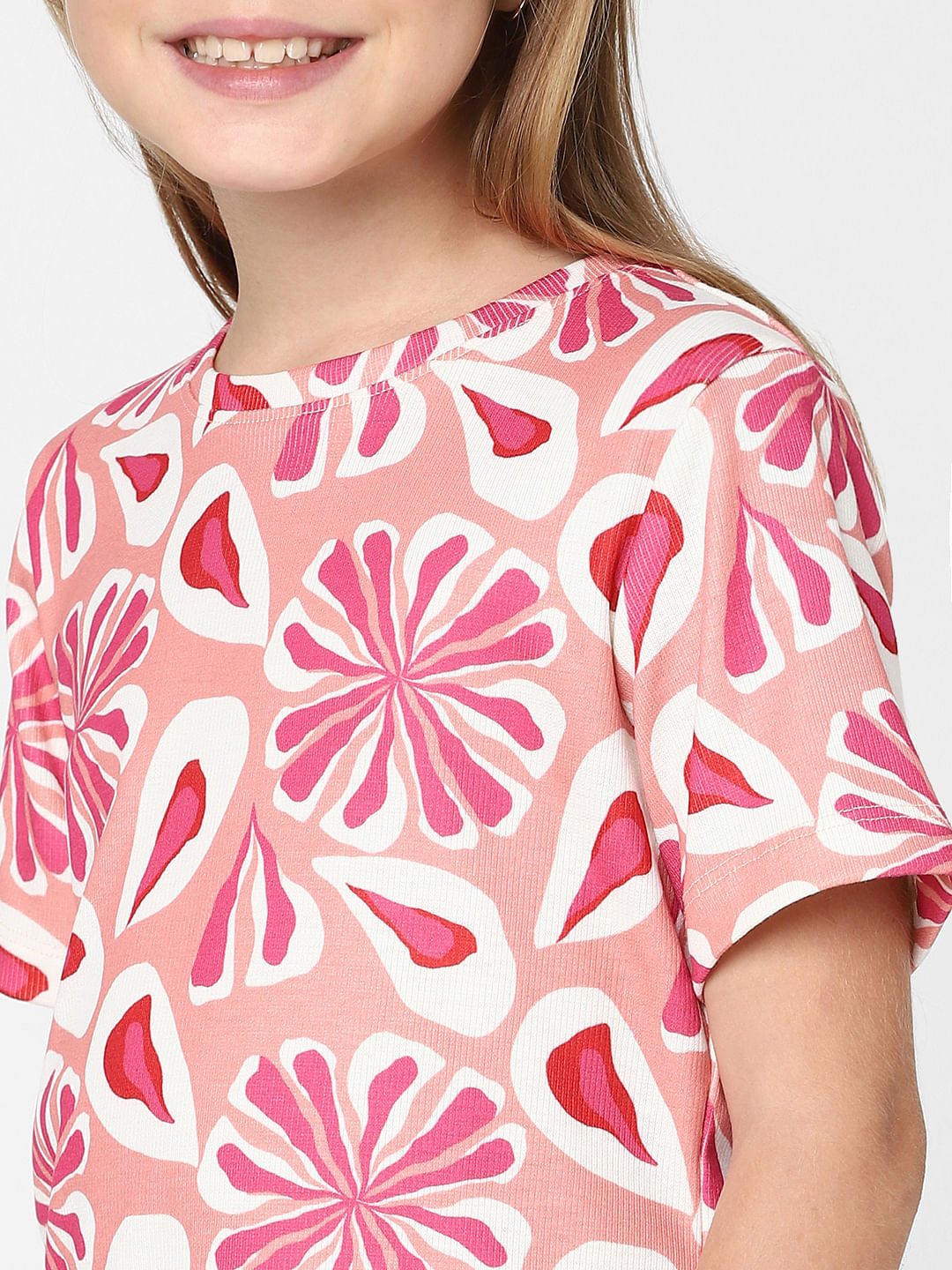 Girls Pink Floral Print T-Shirt