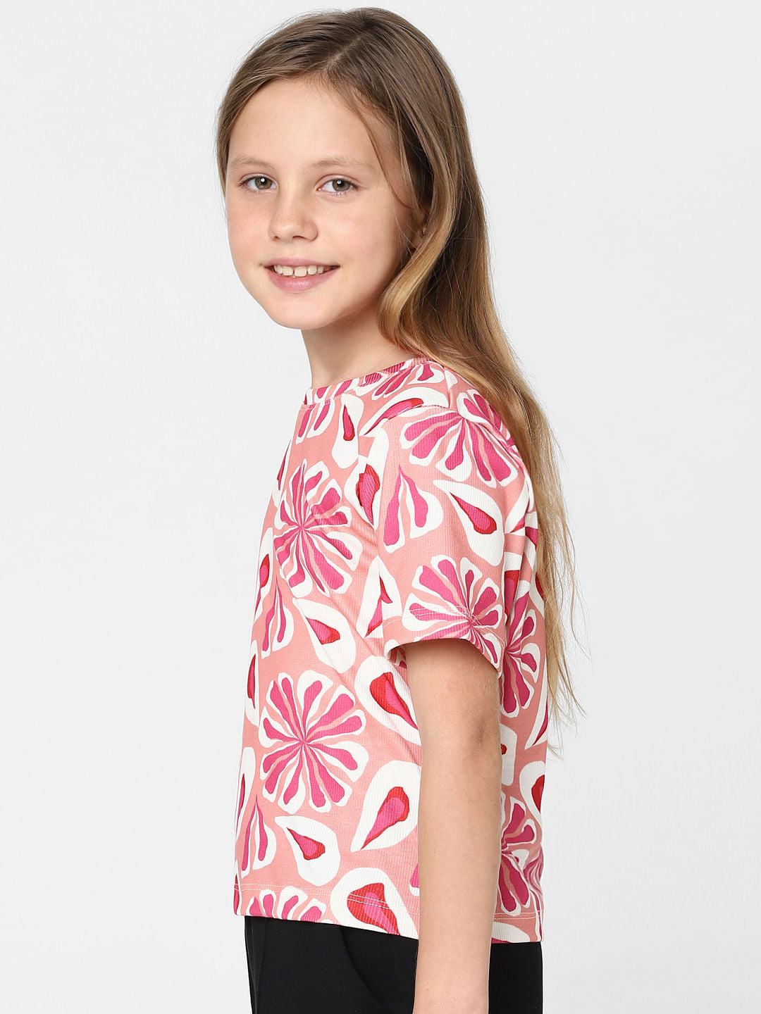 Girls Pink Floral Print T-Shirt