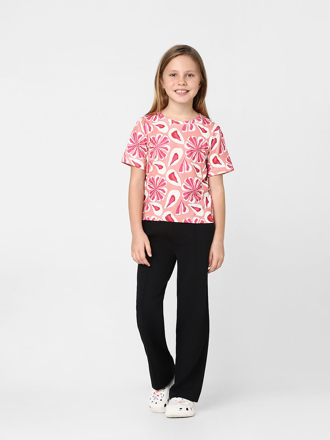 Girls Pink Floral Print T-Shirt