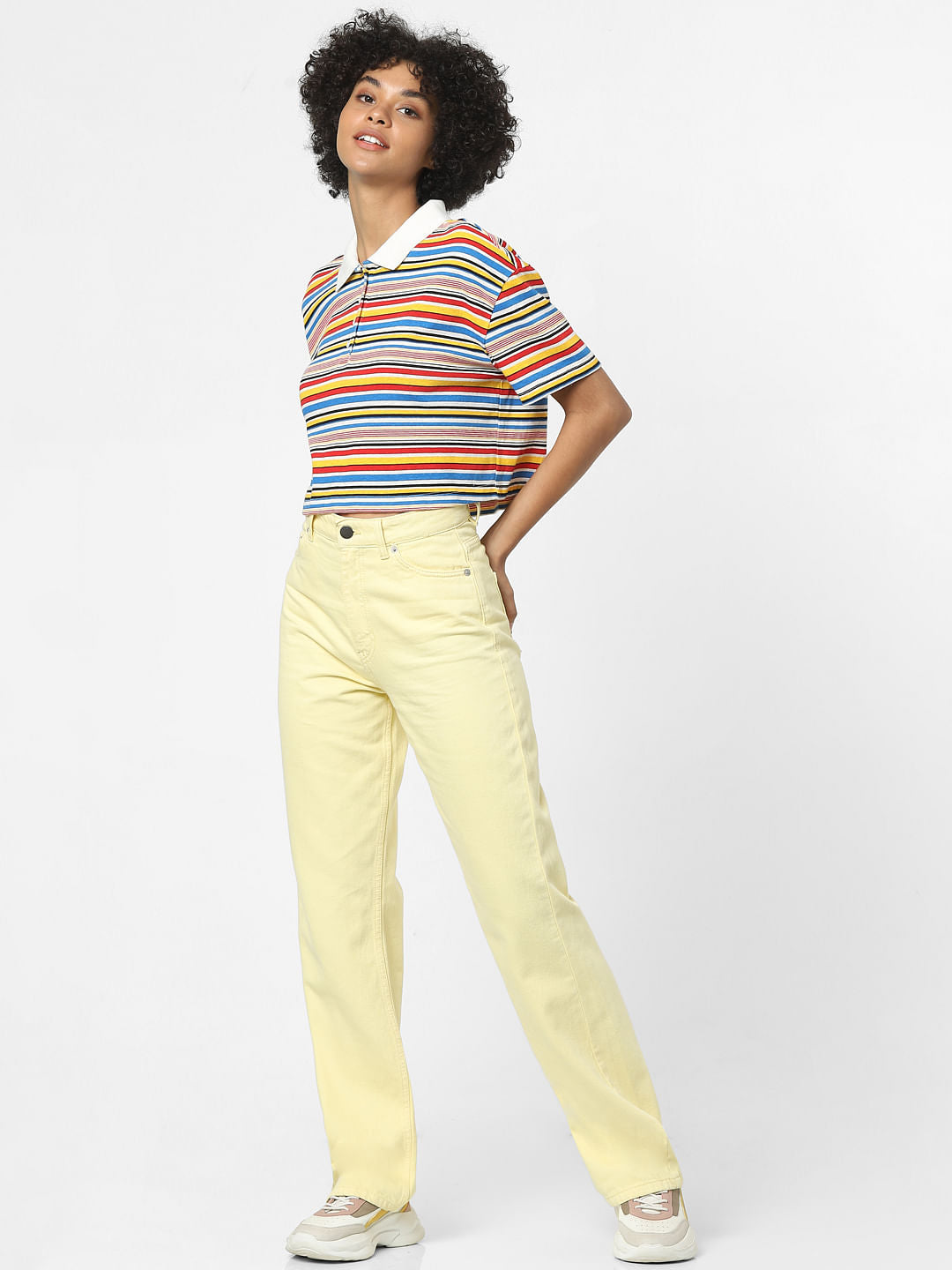 Multi-Coloured Striped Polo Neck Top