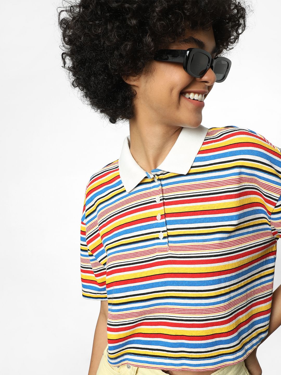 Multi-Coloured Striped Polo Neck Top