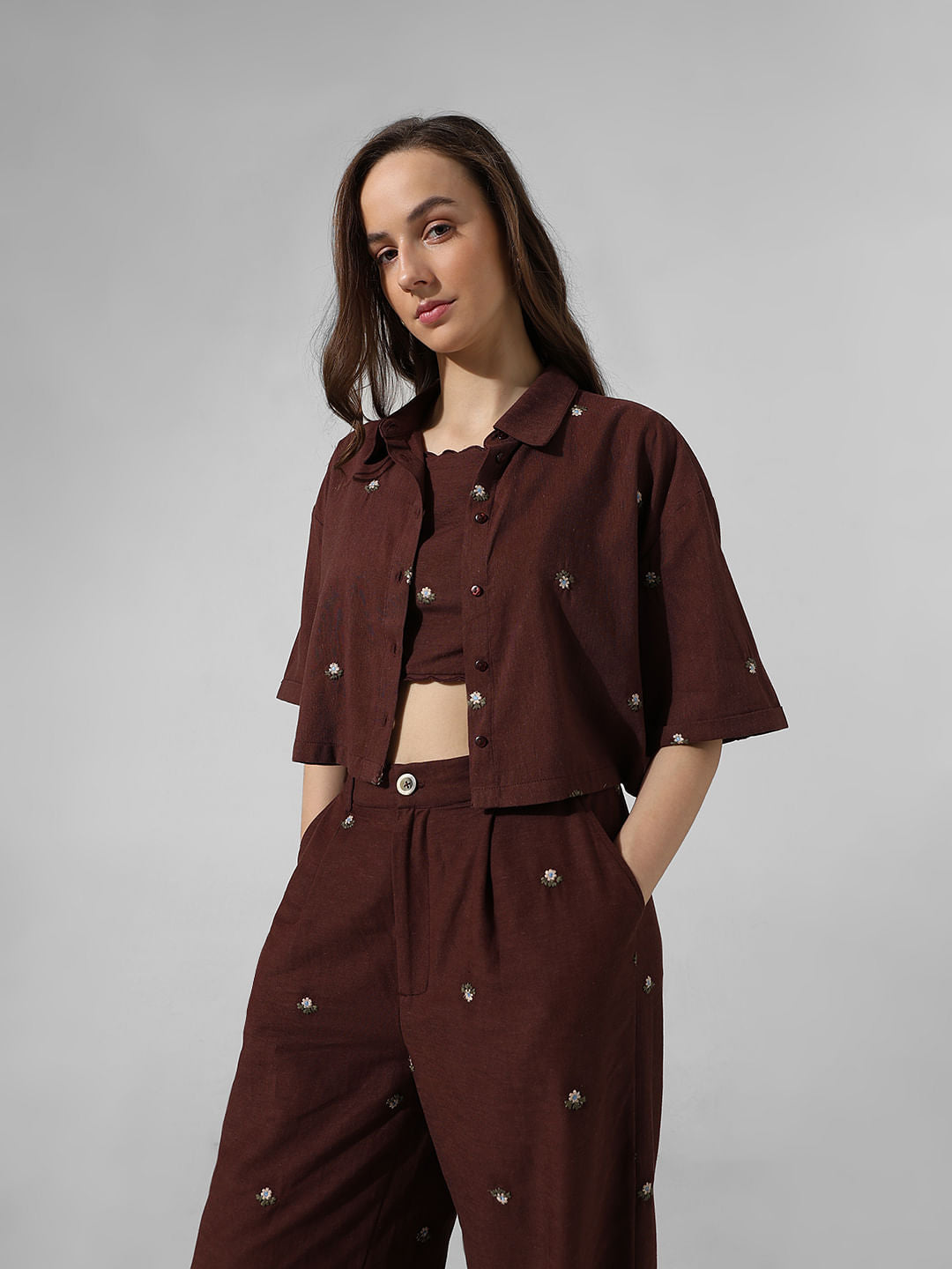 Brown Embroidered Co-Ord Set Shirt