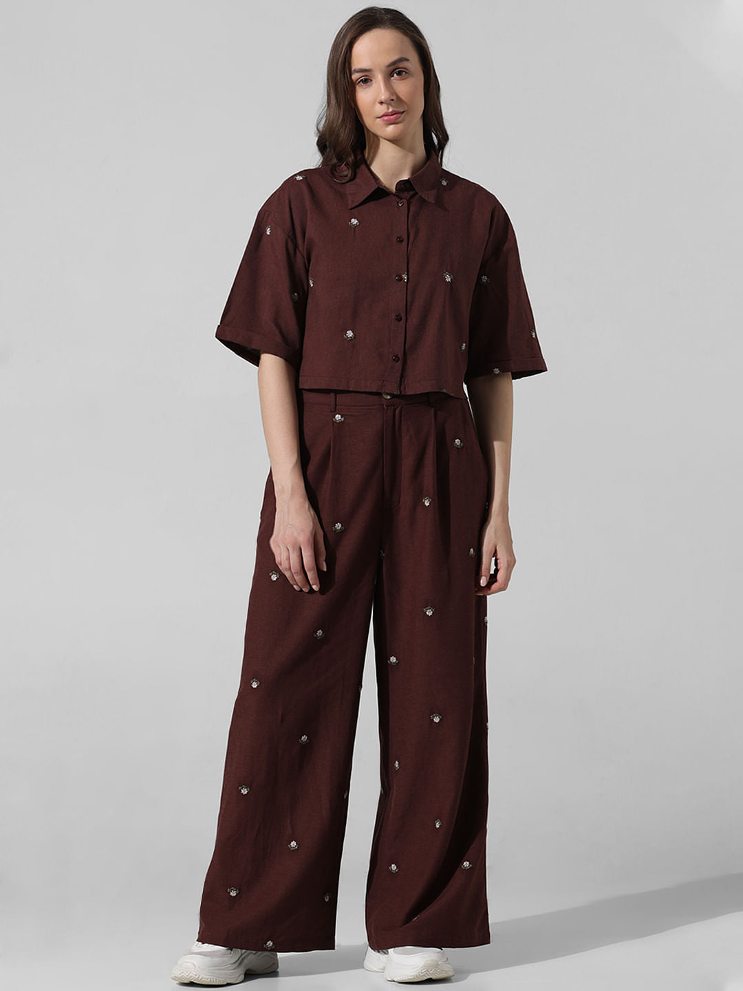 Brown Embroidered Co-Ord Set Shirt