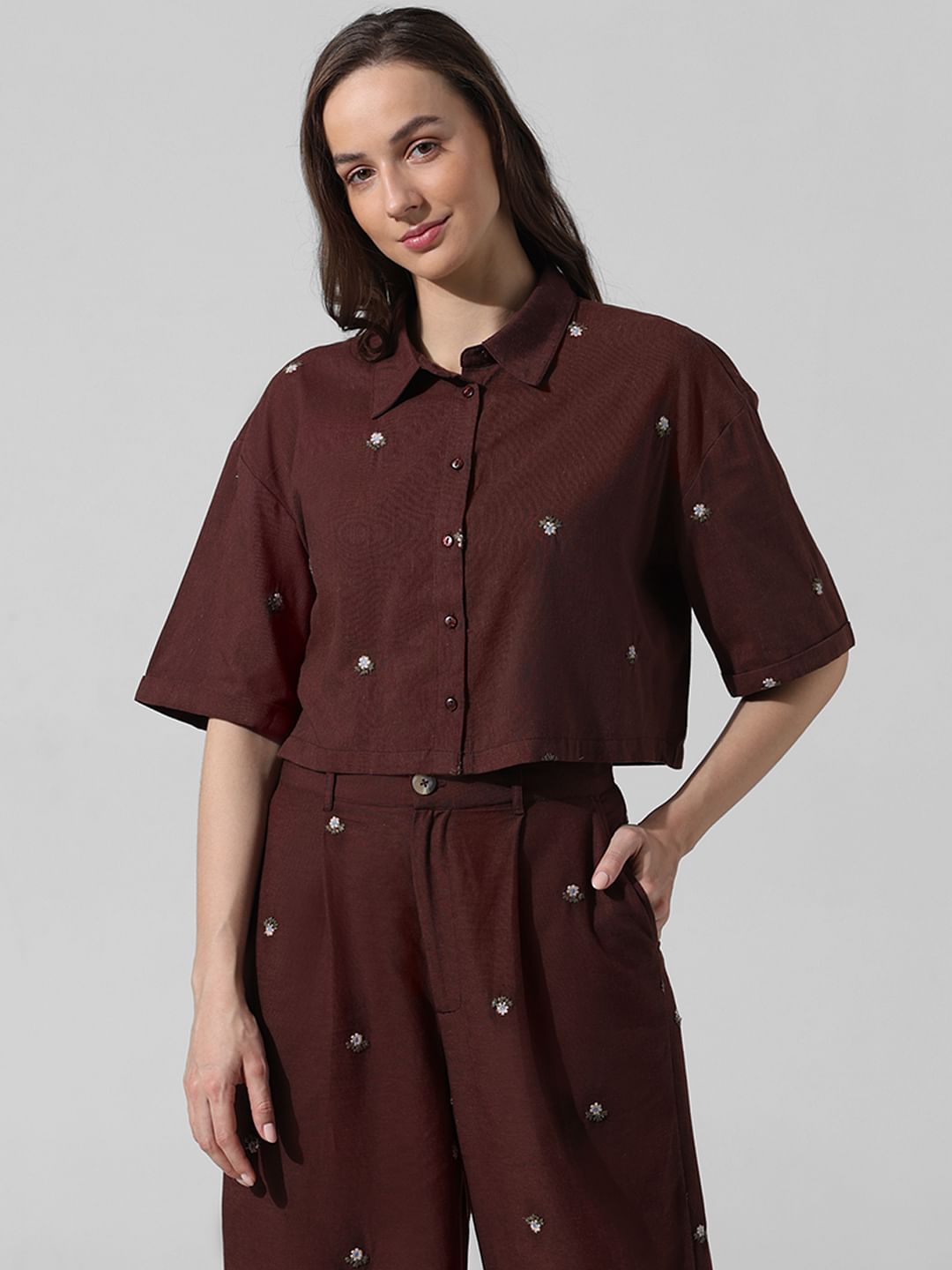 Brown Embroidered Co-Ord Set Shirt