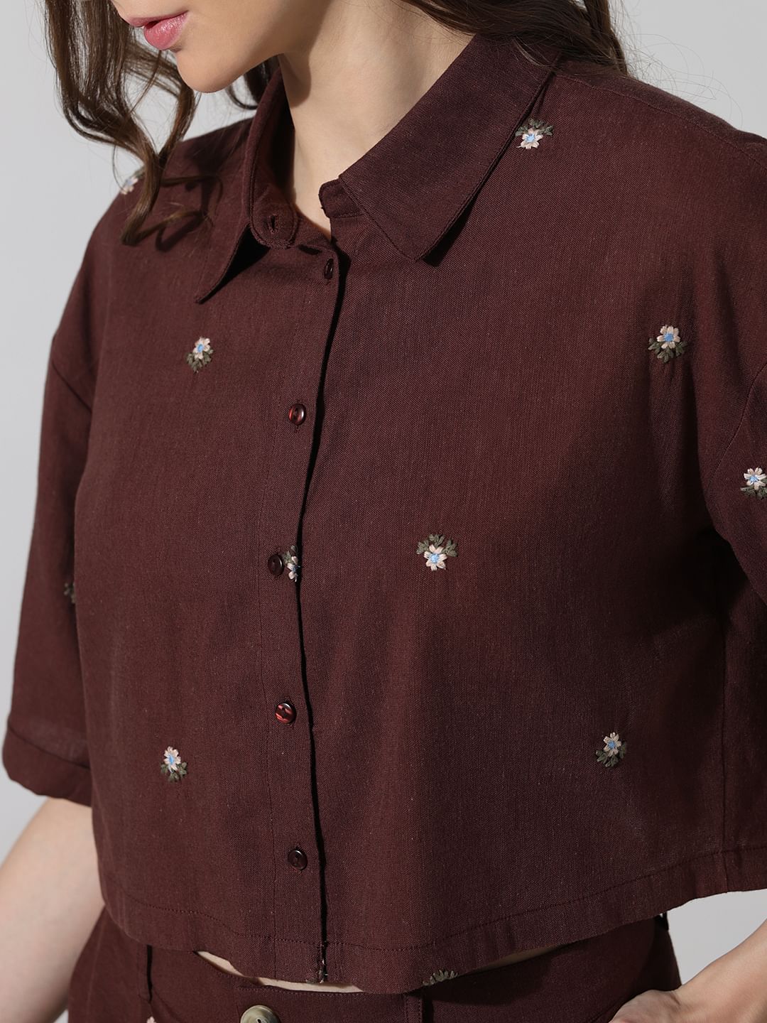 Brown Embroidered Co-Ord Set Shirt