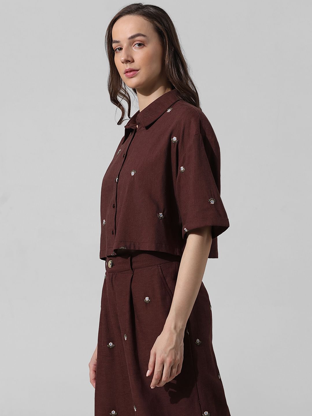Brown Embroidered Co-Ord Set Shirt
