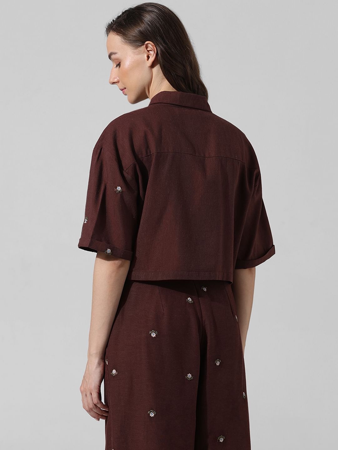 Brown Embroidered Co-Ord Set Shirt