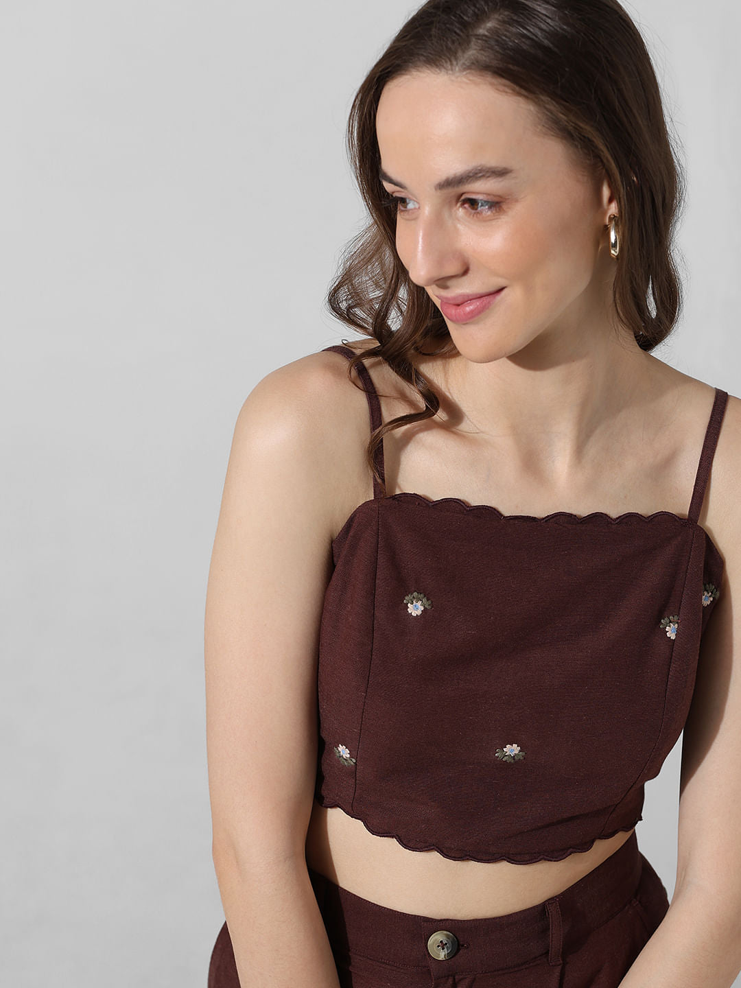 Brown Embroidered Crop Co-Ord Set Top