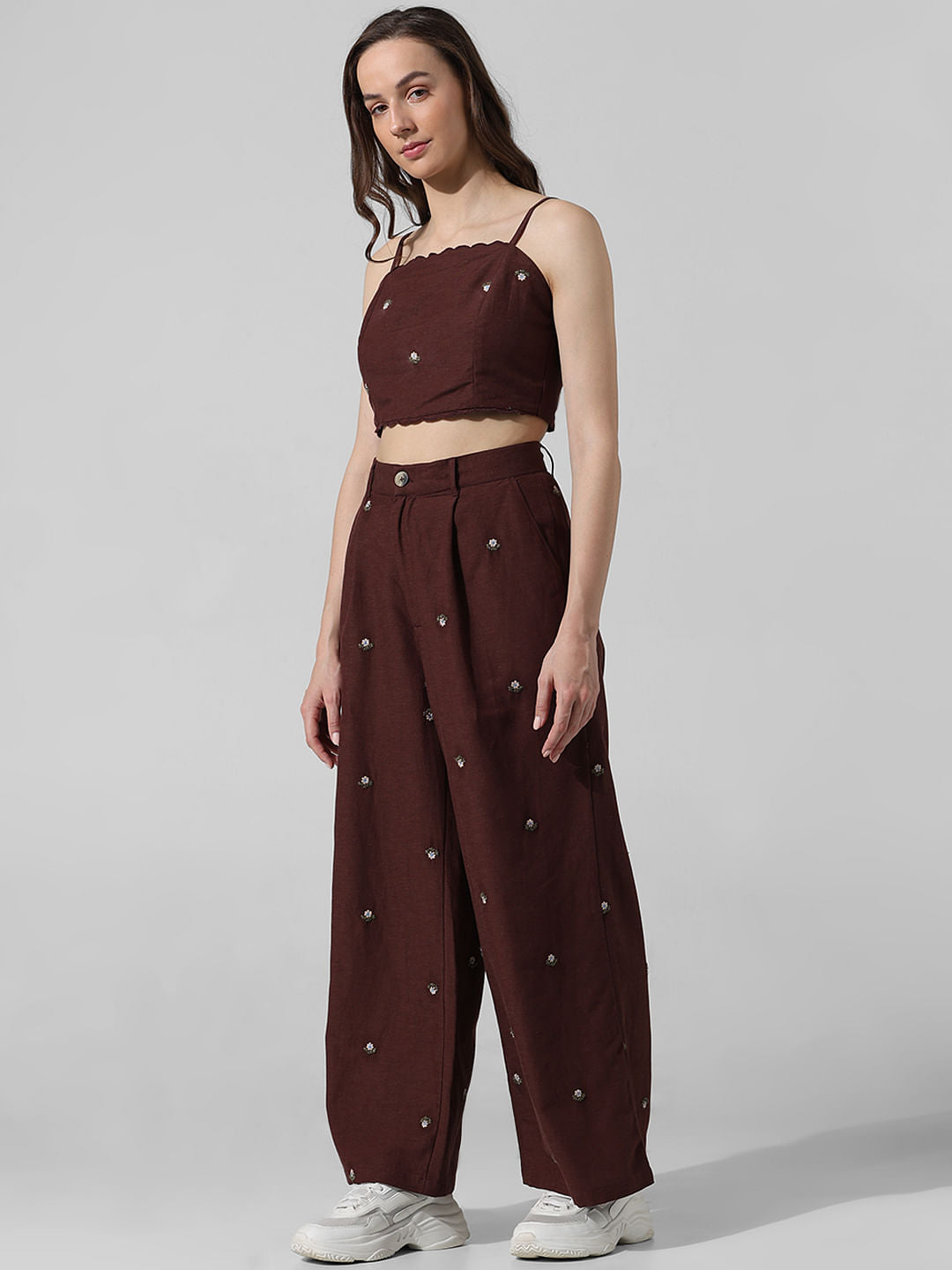 Brown Embroidered Crop Co-Ord Set Top