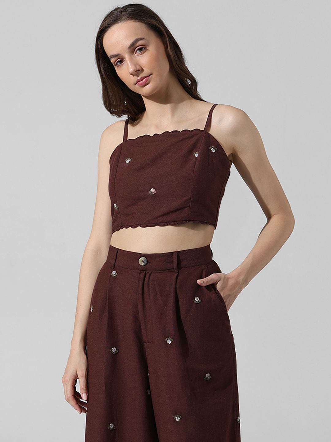 Brown Embroidered Crop Co-Ord Set Top