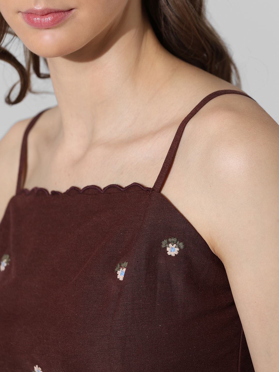 Brown Embroidered Crop Co-Ord Set Top