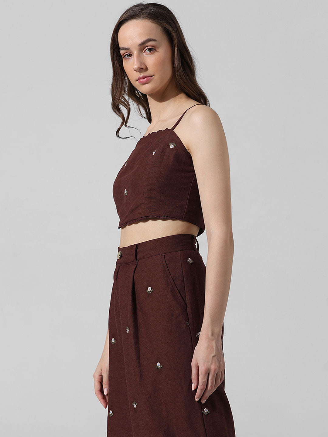 Brown Embroidered Crop Co-Ord Set Top
