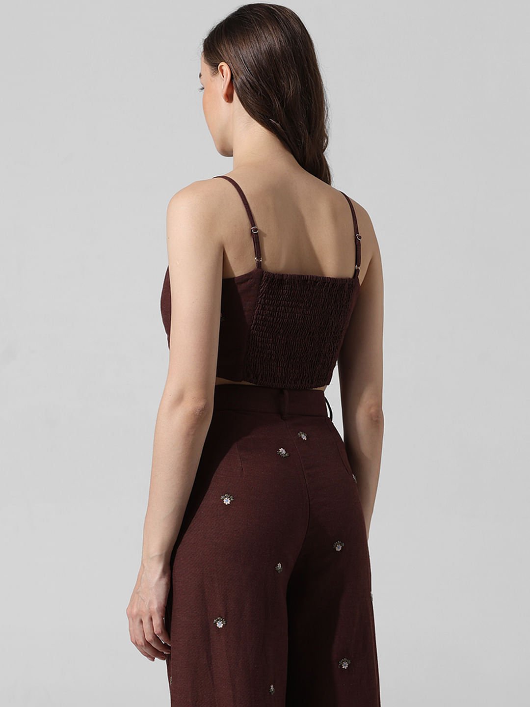 Brown Embroidered Crop Co-Ord Set Top