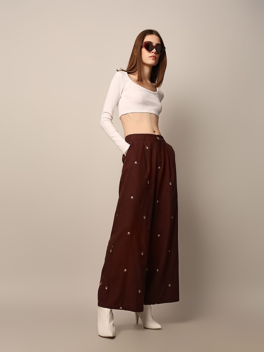 Dark Brown Embroidered Co-Ord Set Pants