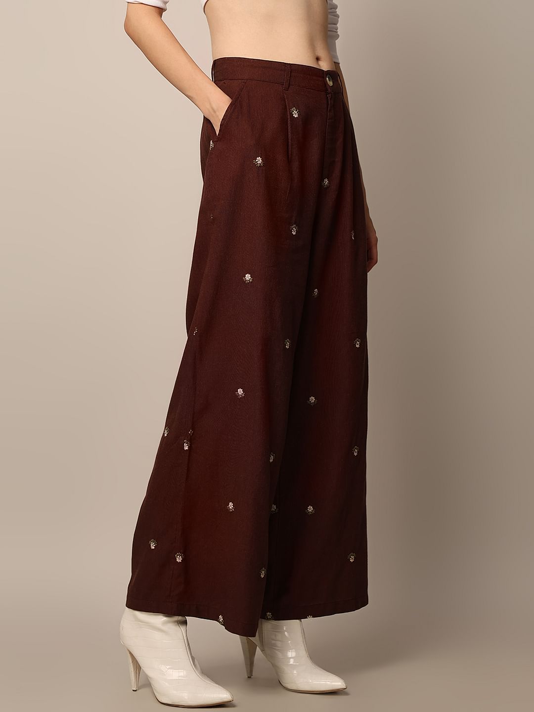 Dark Brown Embroidered Co-Ord Set Pants