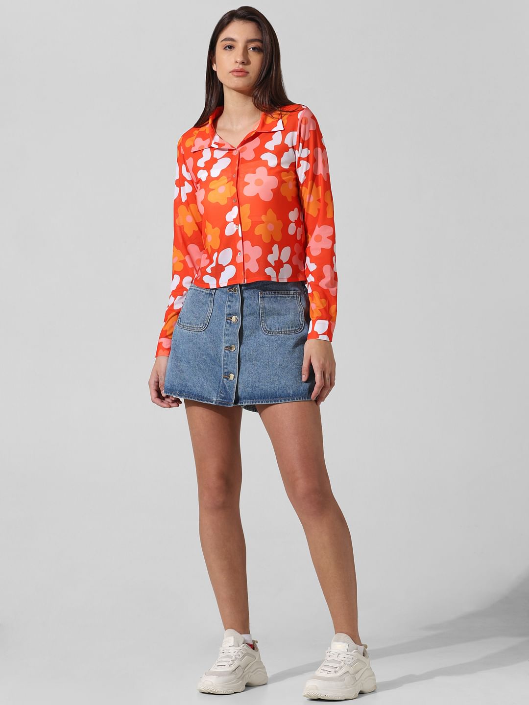 Orange Floral Mesh Shirt