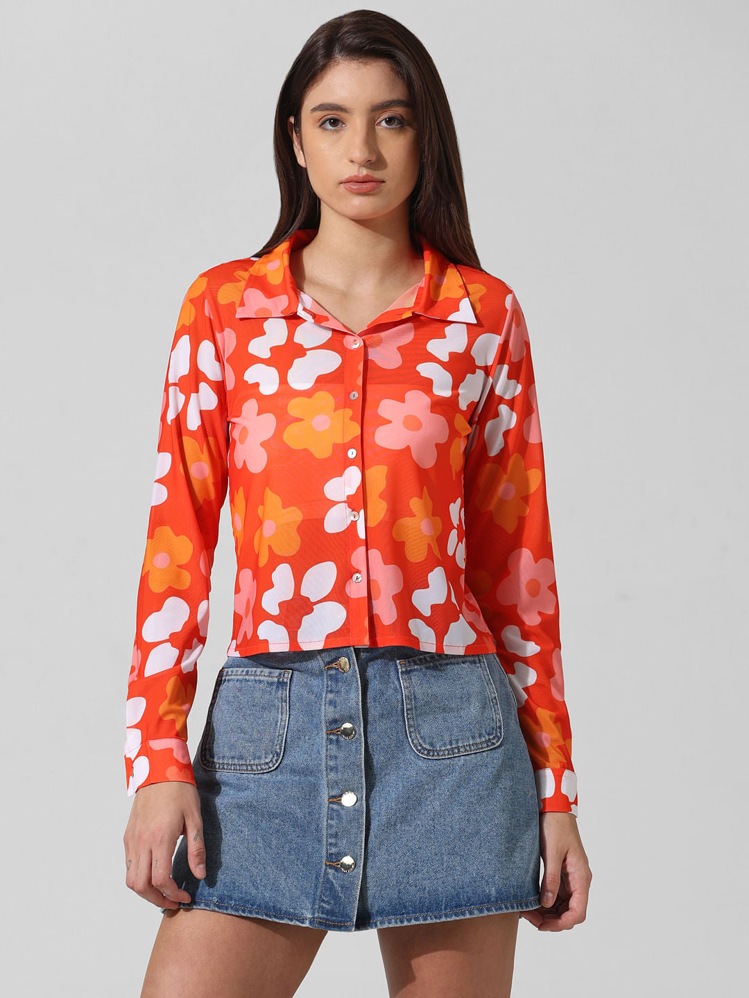 Orange Floral Mesh Shirt