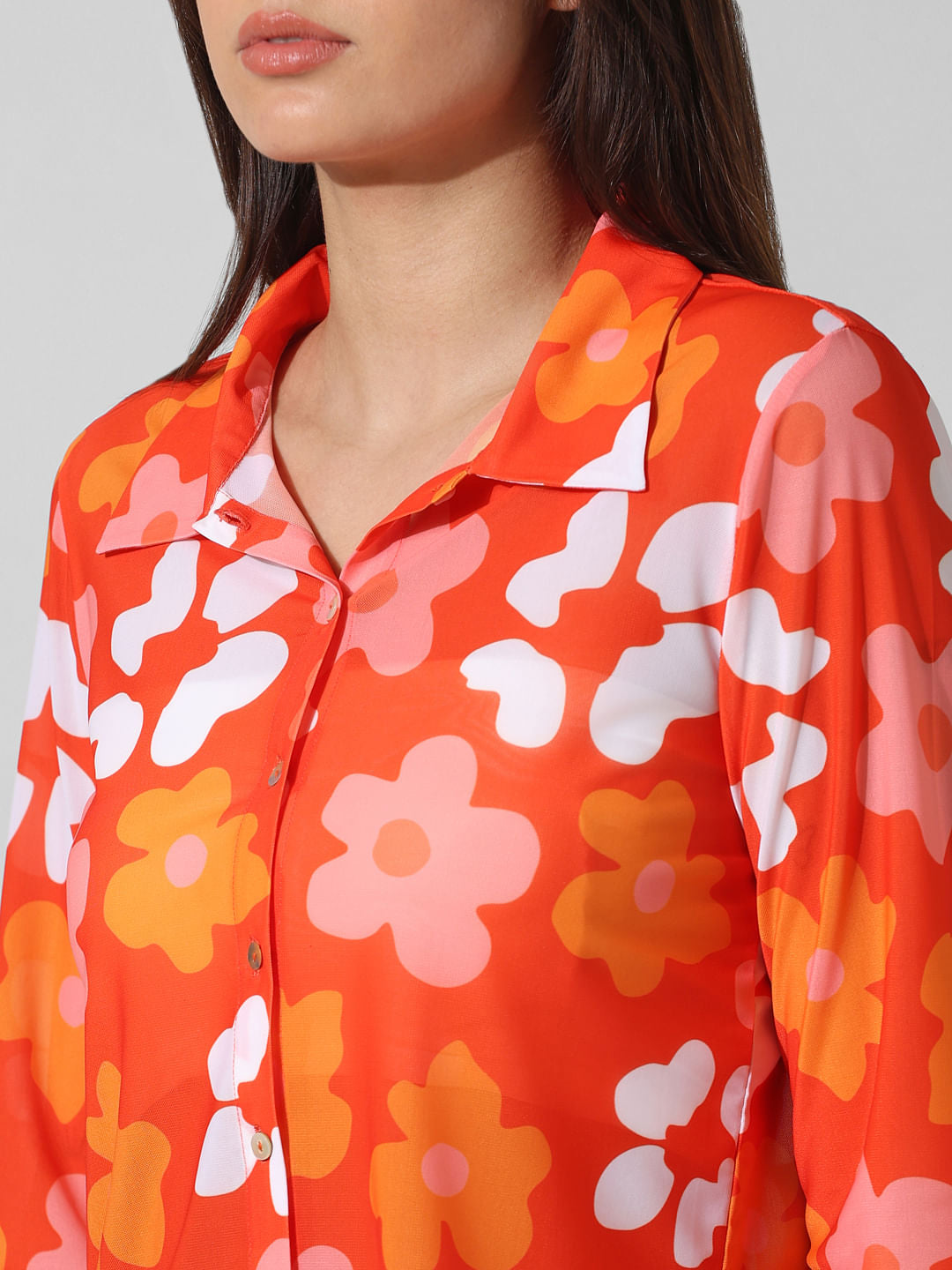 Orange Floral Mesh Shirt
