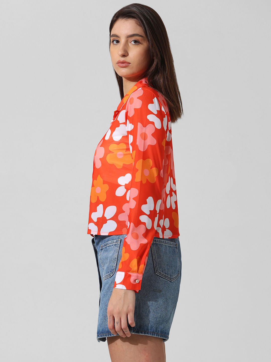 Orange Floral Mesh Shirt