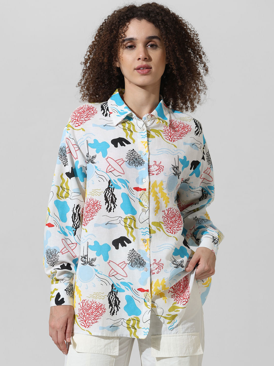 White Abstract Print Oversized Shirt