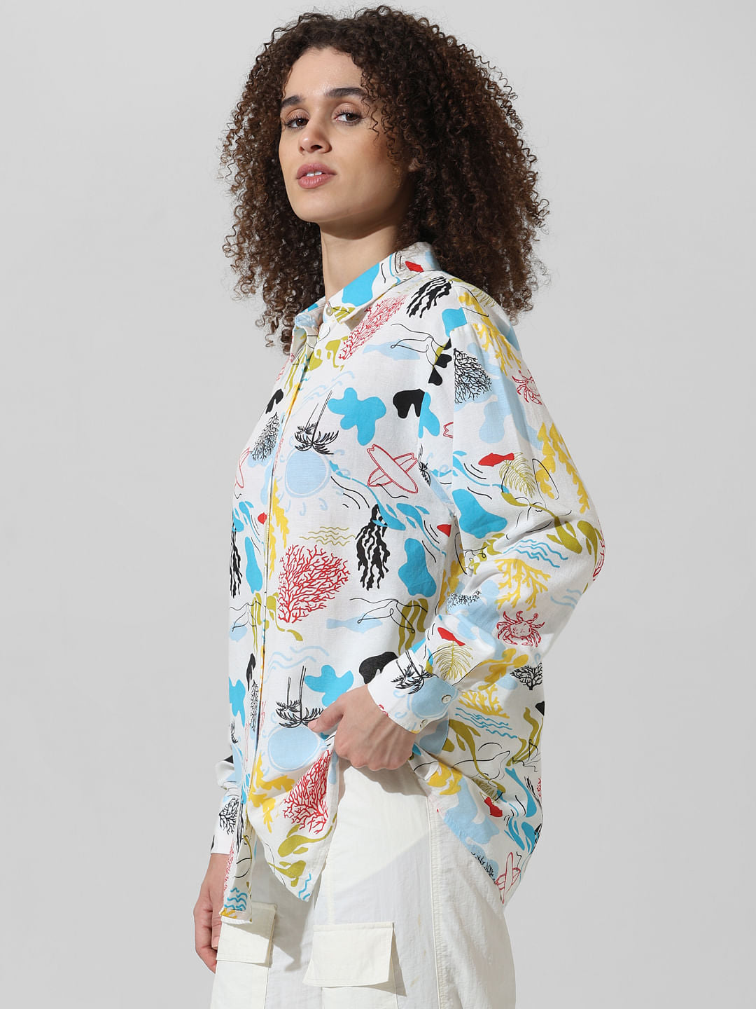 White Abstract Print Oversized Shirt