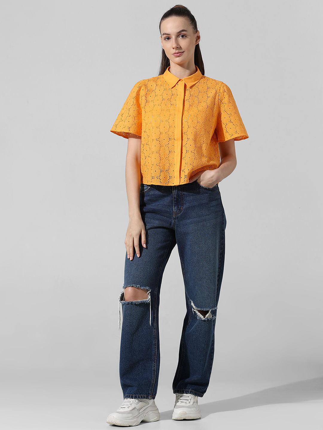 Orange Schiffli Cotton Shirt
