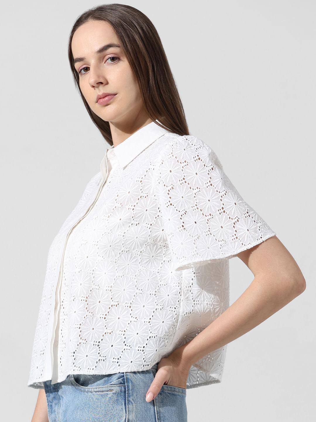 White Schiffli Cotton Shirt