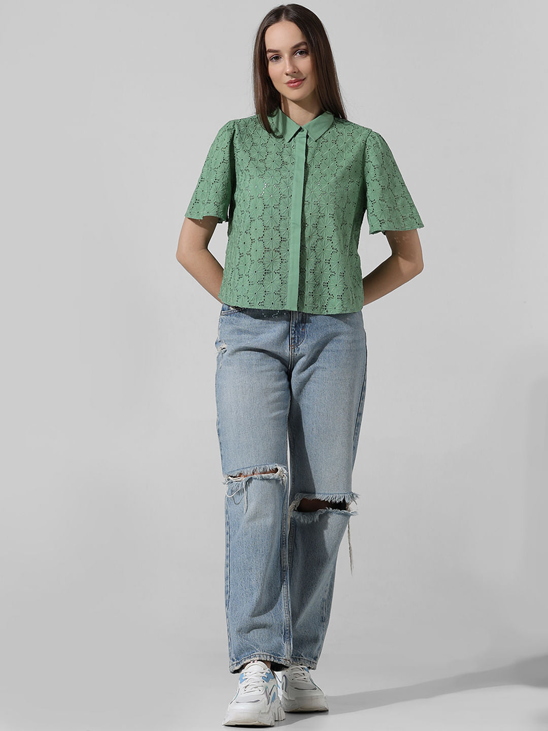 Green Schiffli Cotton Shirt