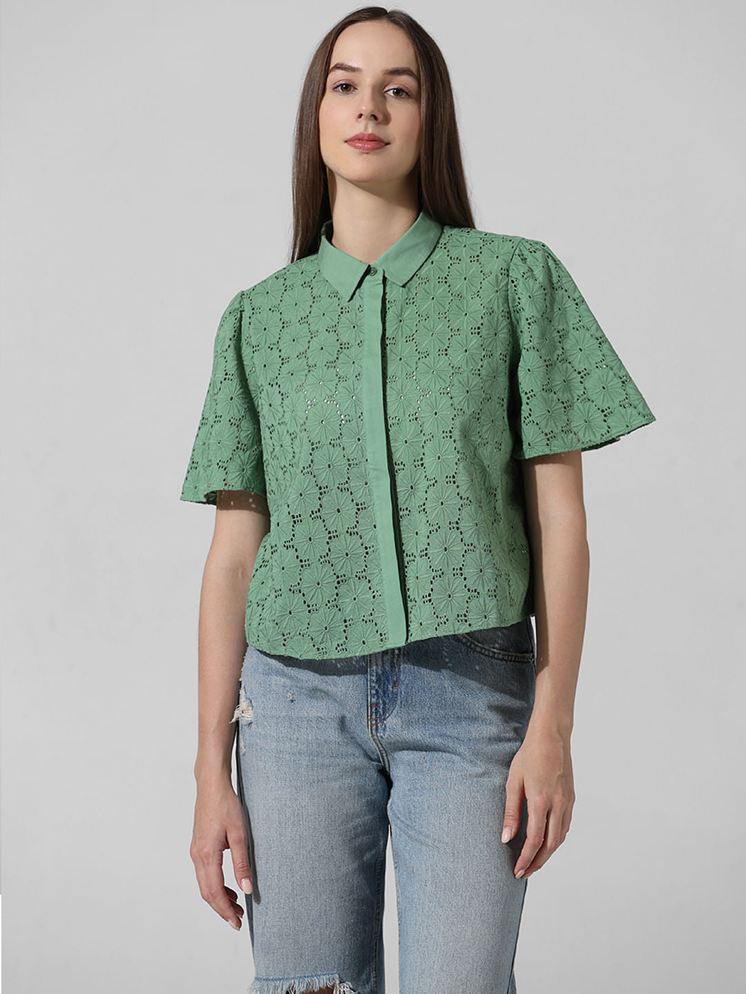 Green Schiffli Cotton Shirt