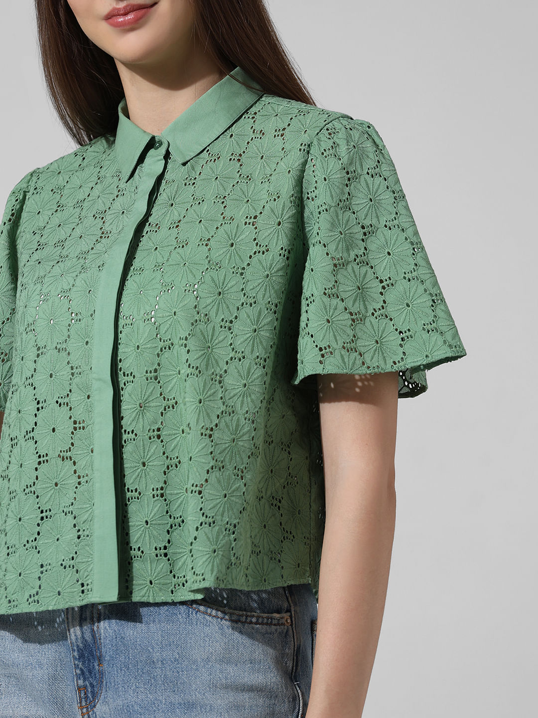 Green Schiffli Cotton Shirt