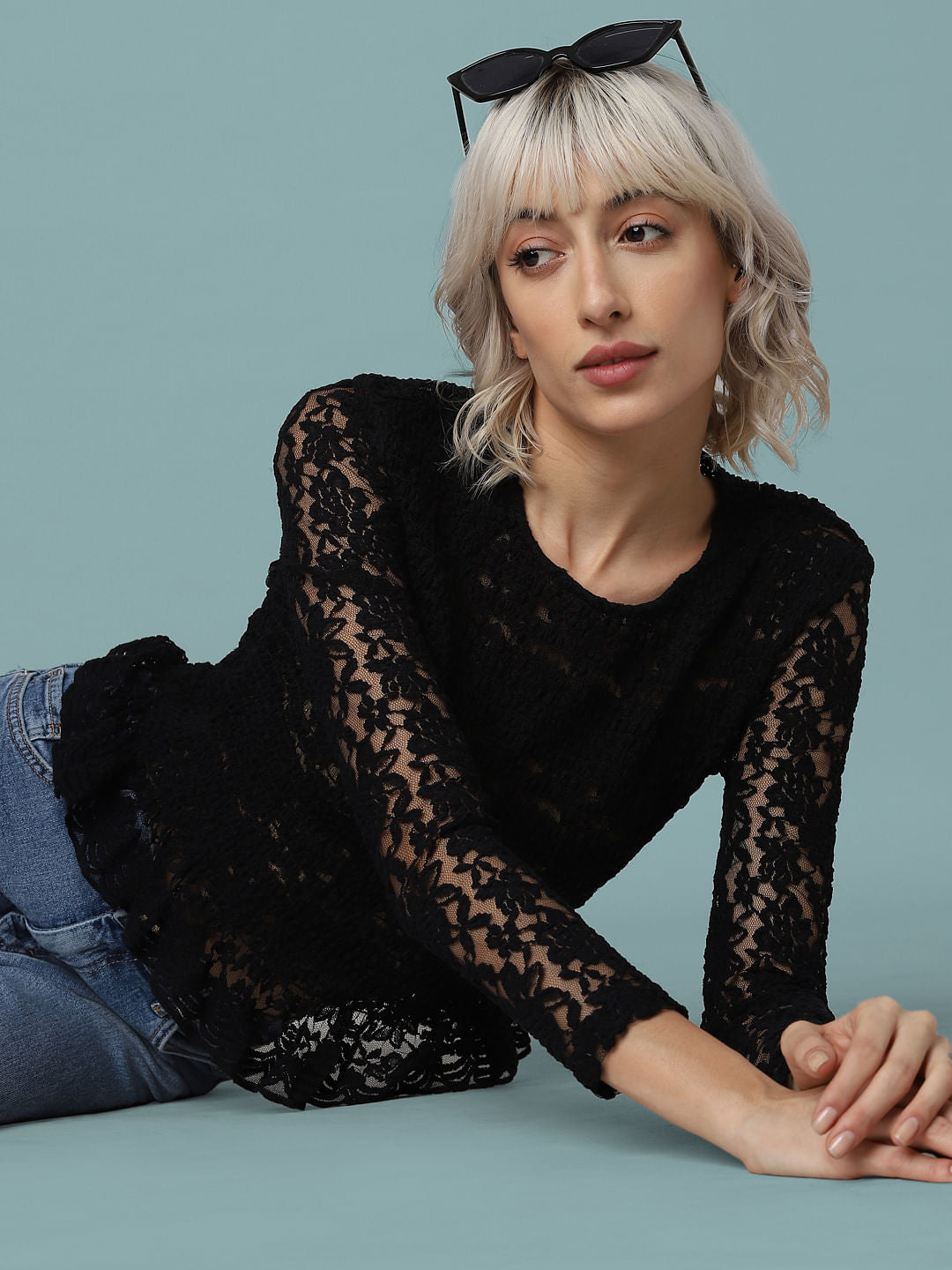 Black Smocked Lace Top