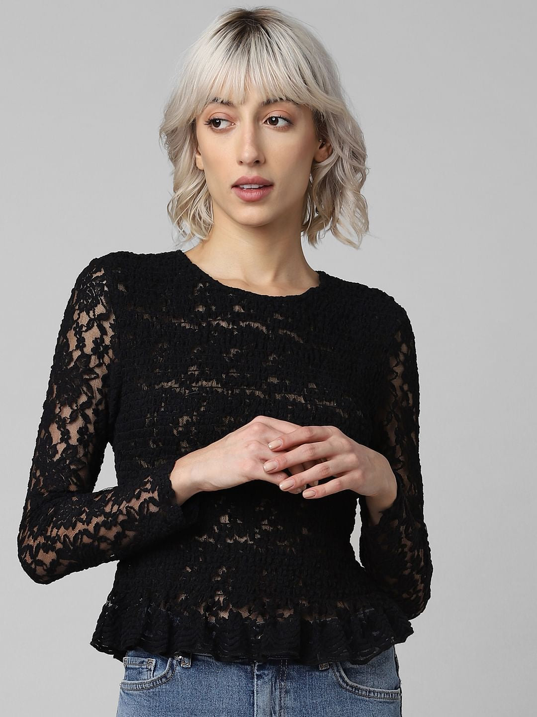 Black Smocked Lace Top