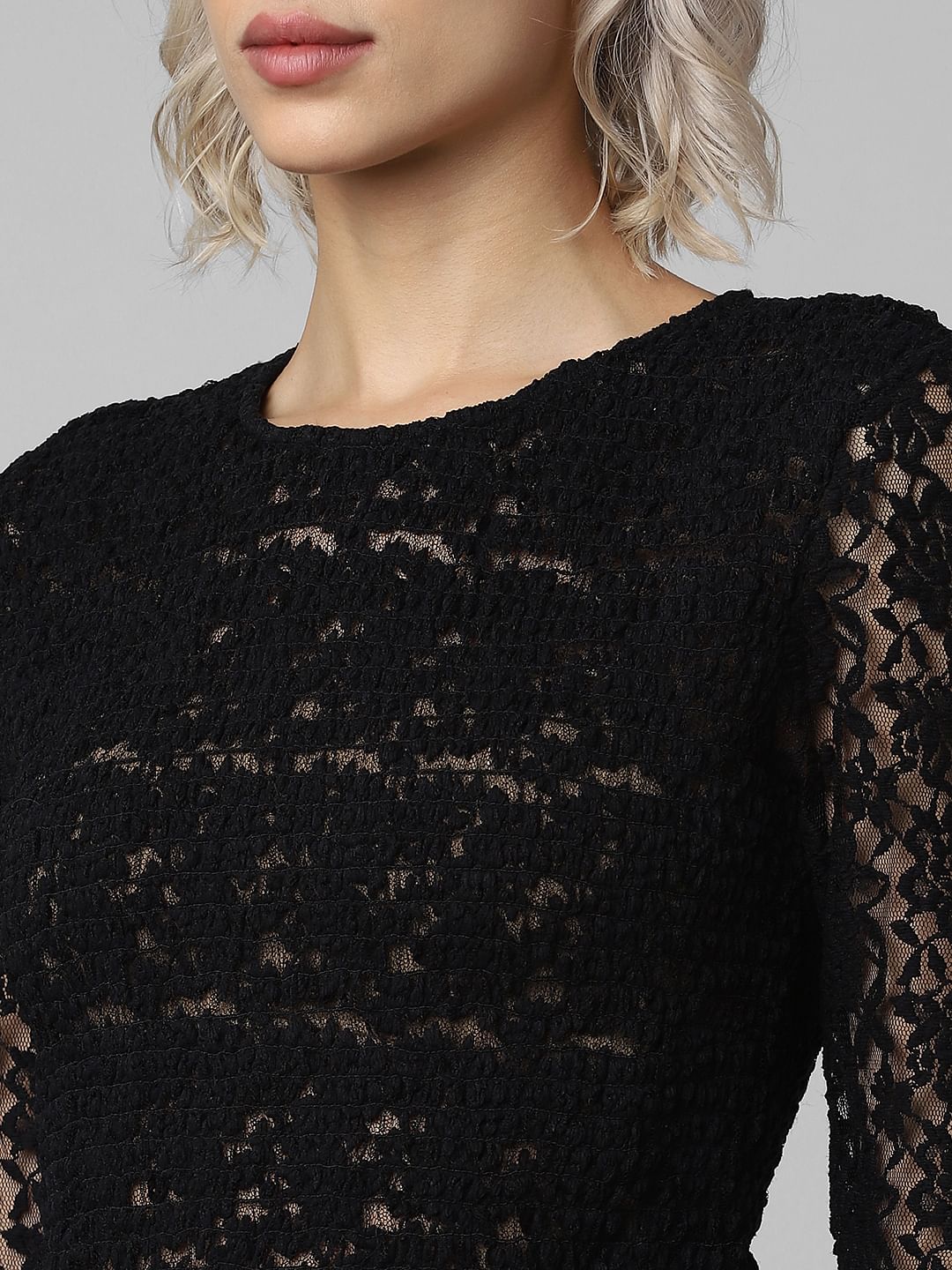 Black Smocked Lace Top
