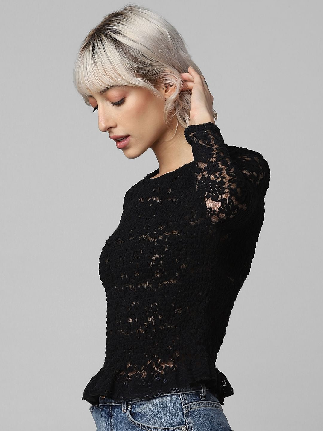 Black Smocked Lace Top