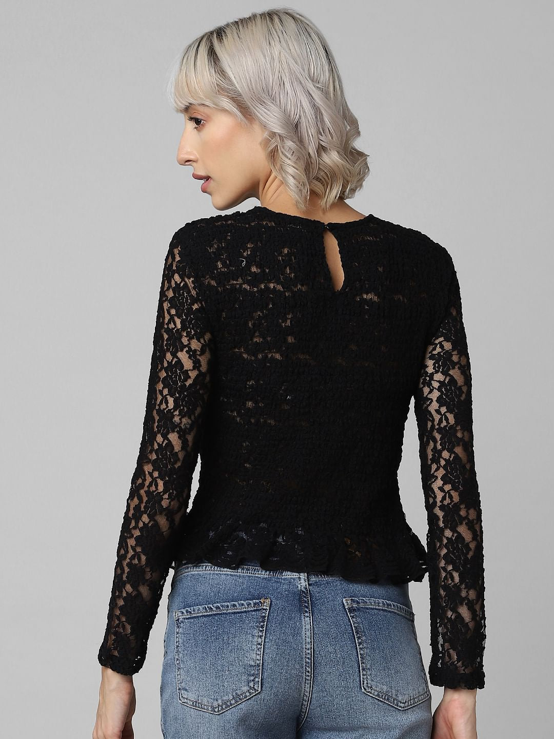 Black Smocked Lace Top