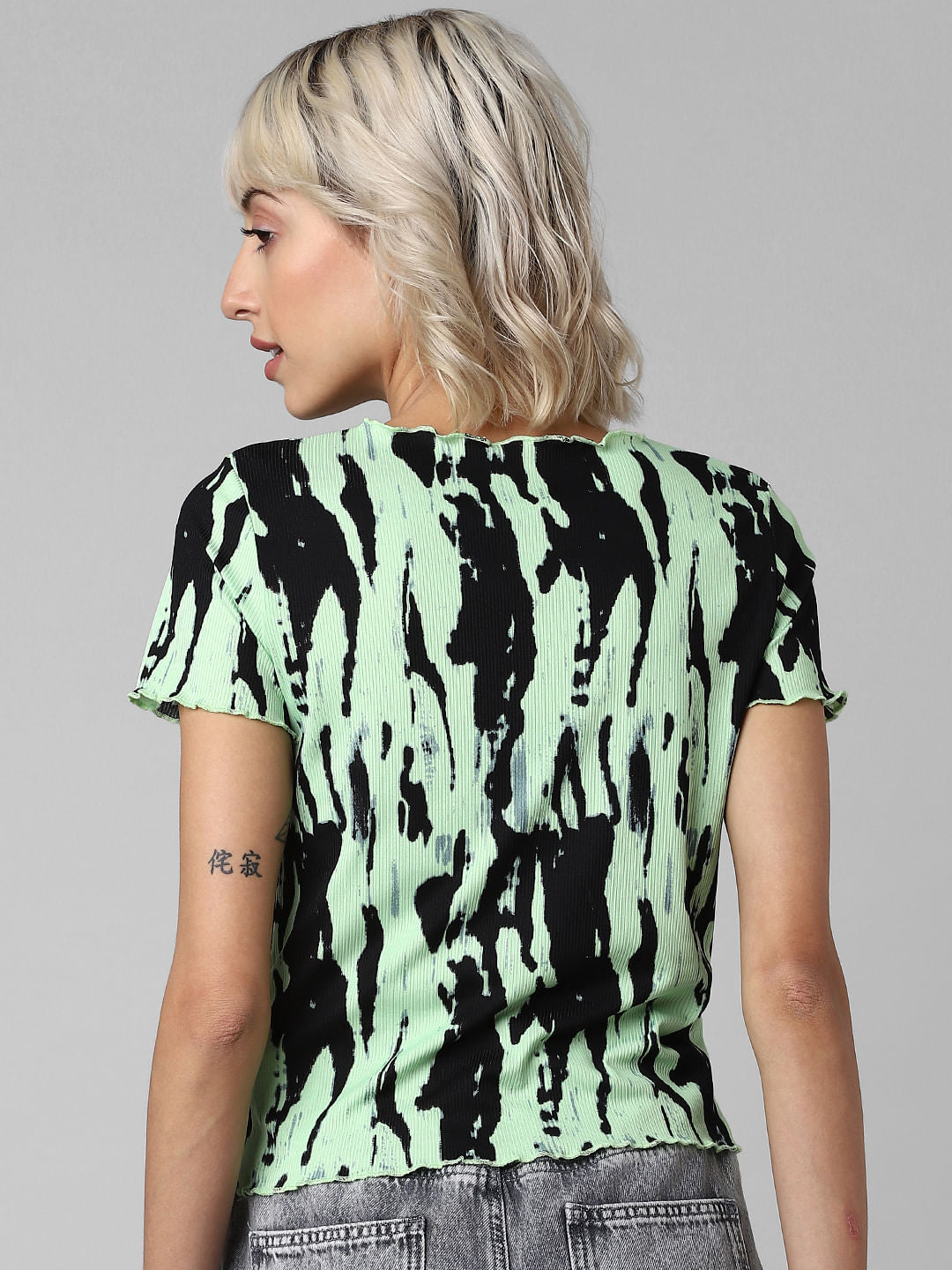 Black Printed Ribbed T-Shirt