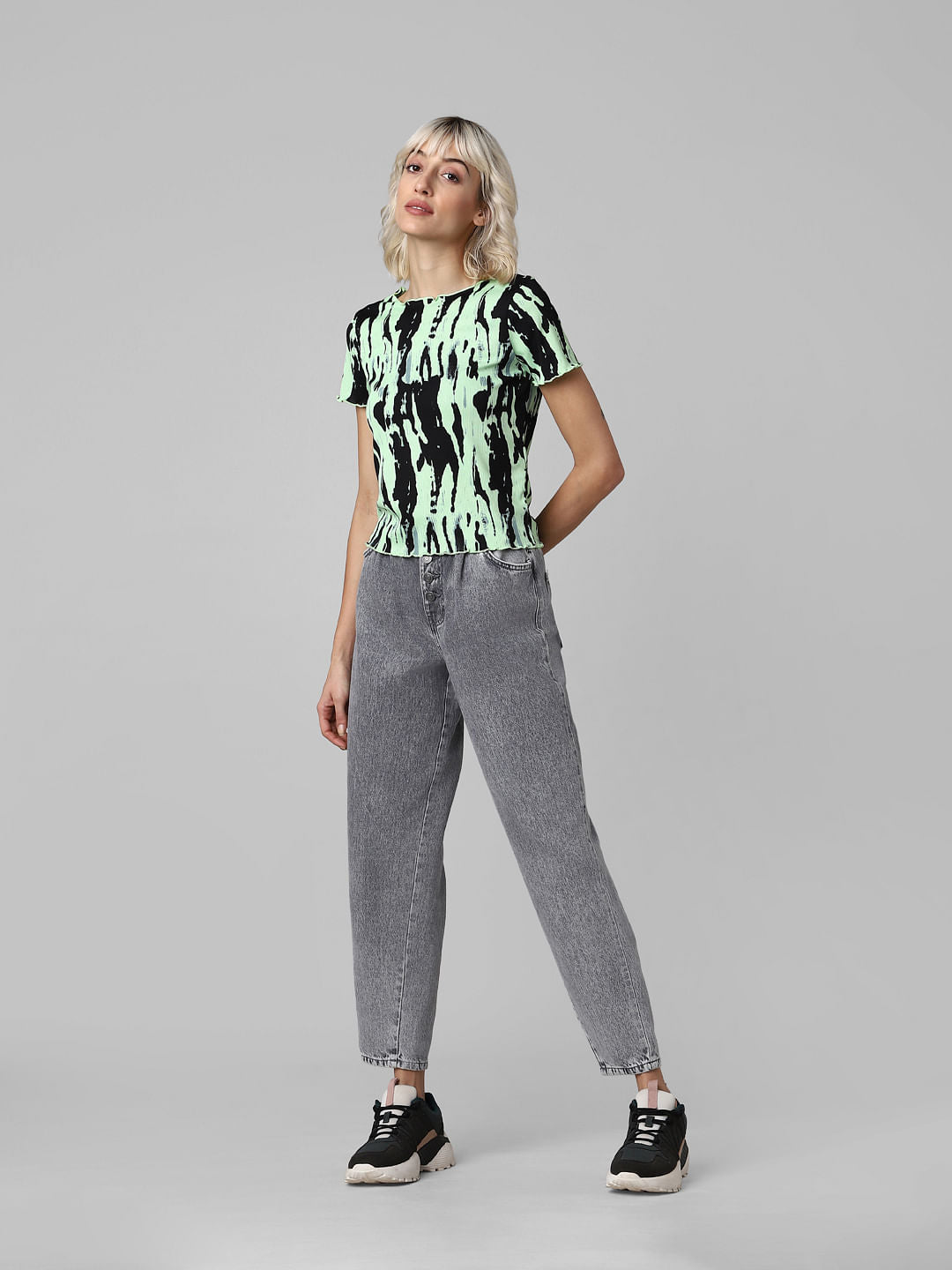 Black Printed Ribbed T-Shirt