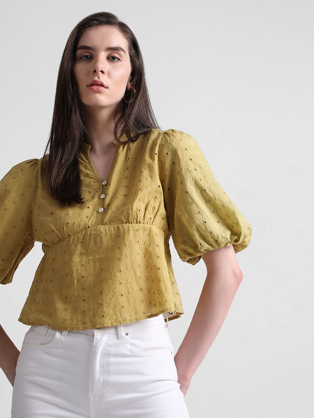 Green Embroidered Peplum Top